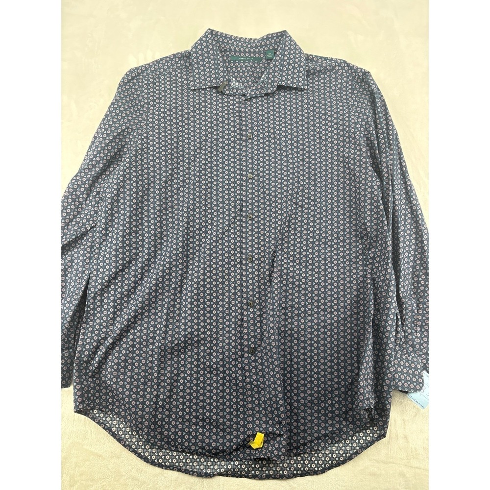 Perry Ellis Button Front Mens XLT Shirt Navy Blue Floral Geometric Long Sleeve